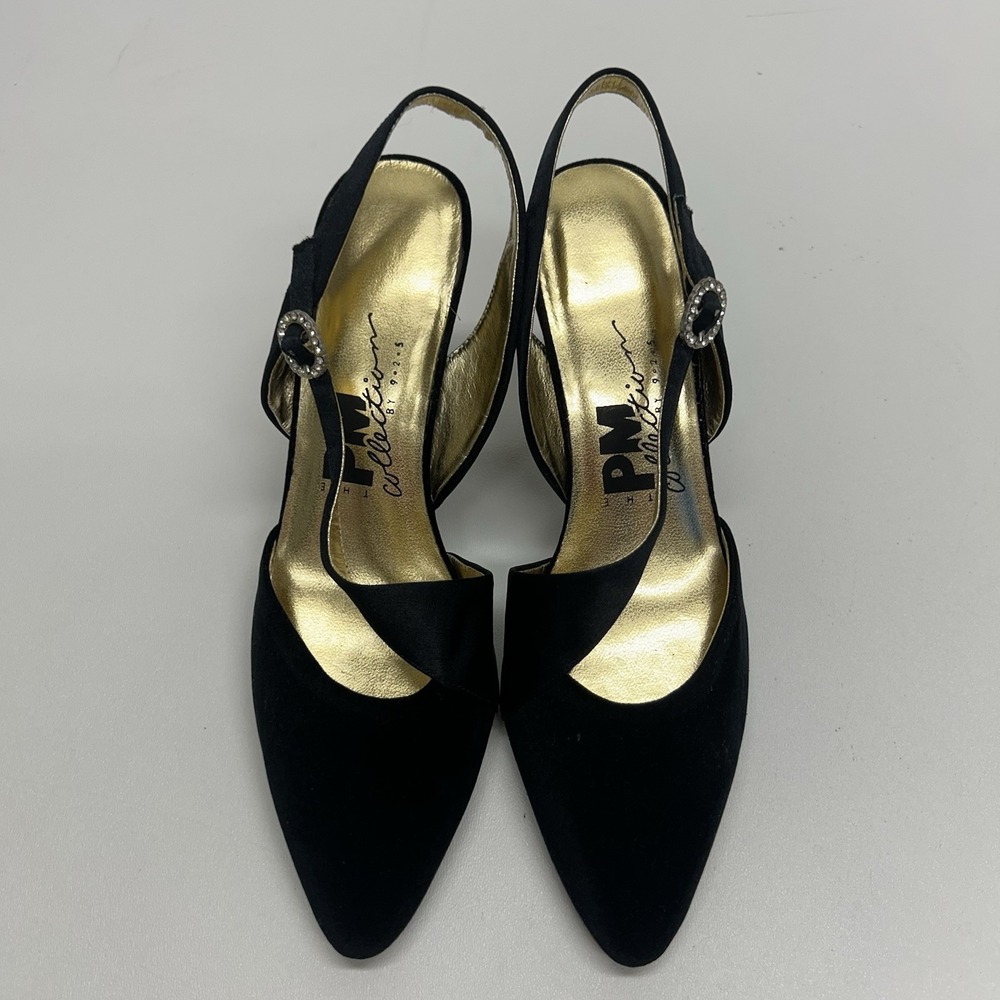 Vintage 90s PM Collection 925 Black Rhinestone Buckle Slingback Pumps Heels Sz 6 - Picture 4 of 13